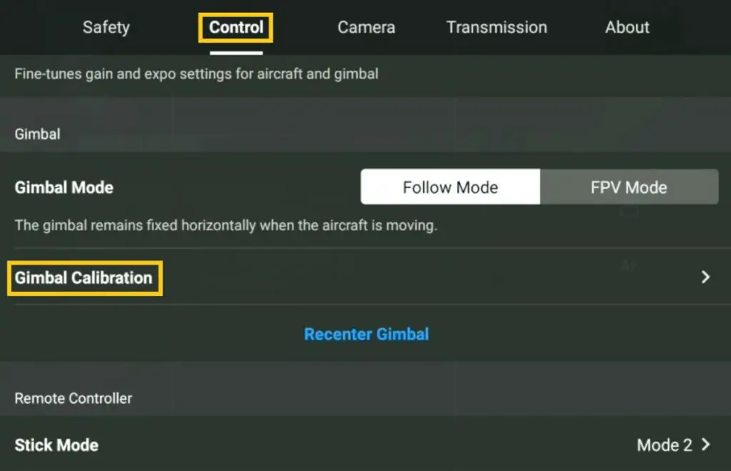 Gimbal calibration is in the Control tab of Settings
